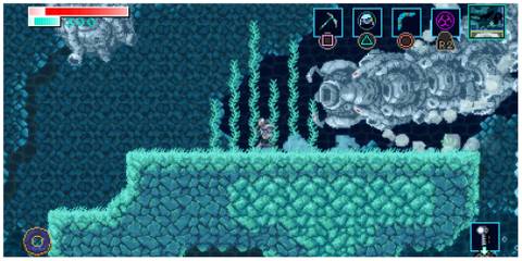 Fighting a boss in Axiom Verge 2