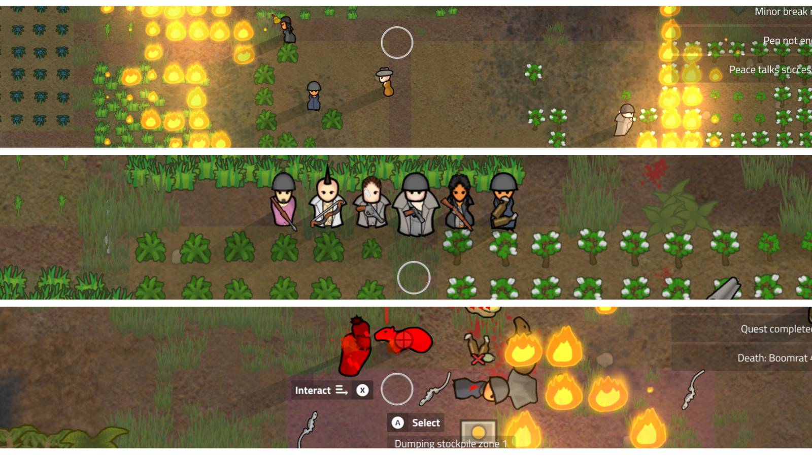 Rimworld collage of images showing fire
