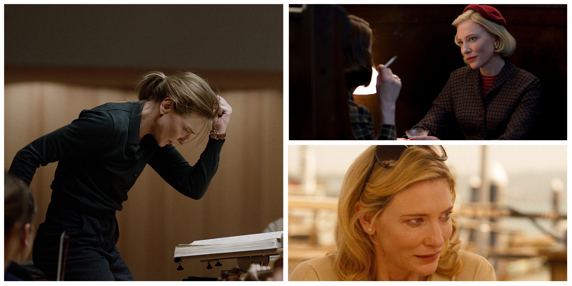 Left image: Lydia Tar conducting her orchestra. Top right: Blanchett as Carol looking and smiling at her friend in Carol. Bottom right: Jasmine in Blue Jasmine looking upset with someone off screen.