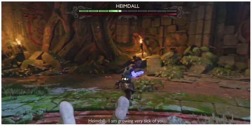 Heimdall prepares to punch Kratos in God of War Ragnarok