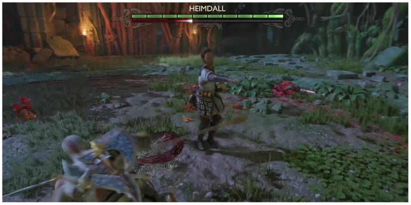 Heimdall pushes Kratos in God of War Ragnarok