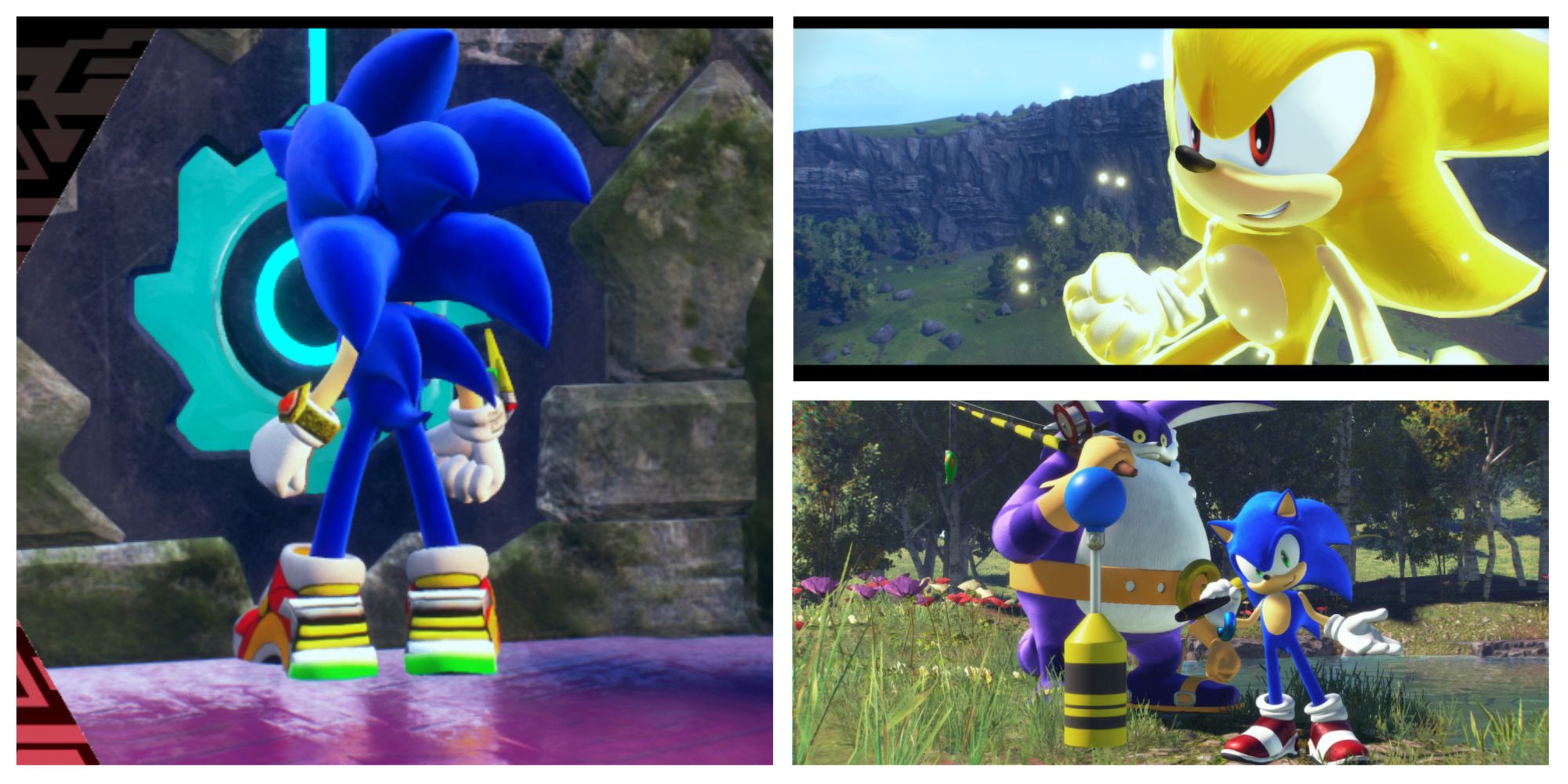 Left: Back view of Sonic in his Sonic Adventure 2 gear. Top-right: Super Sonic. Bottom-right: Big the Cat and Sonic. Image source: Gamebanana.com