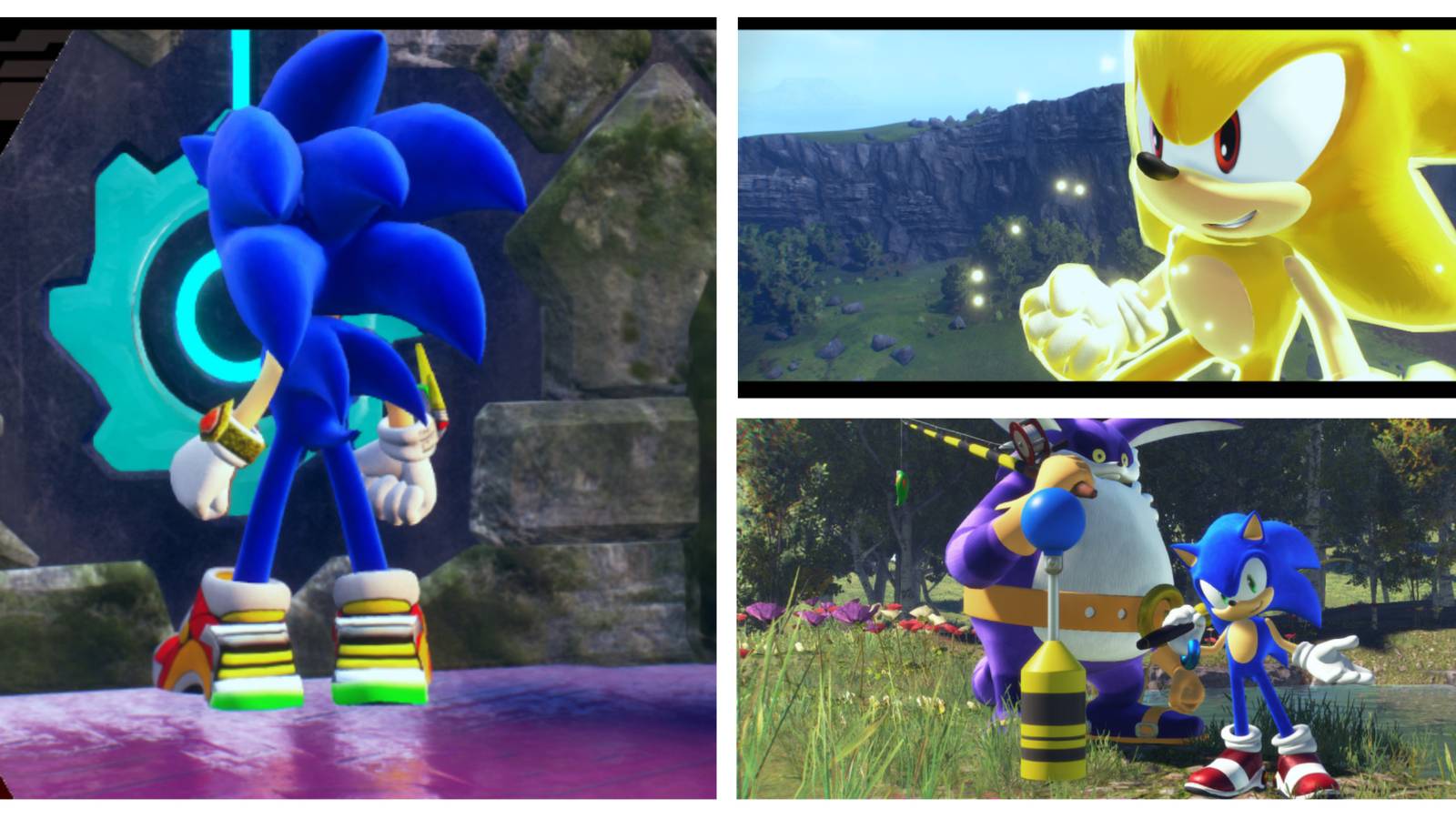 Left: Back view of Sonic in his Sonic Adventure 2 gear. Top-right: Super Sonic. Bottom-right: Big the Cat and Sonic. Image source: Gamebanana.com