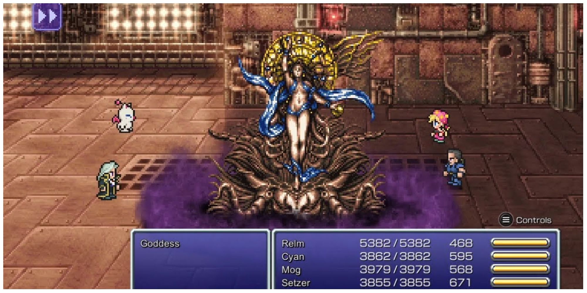 Relm, Mog, Cyan, and Setzer face Goddess in Final Fantasy 6