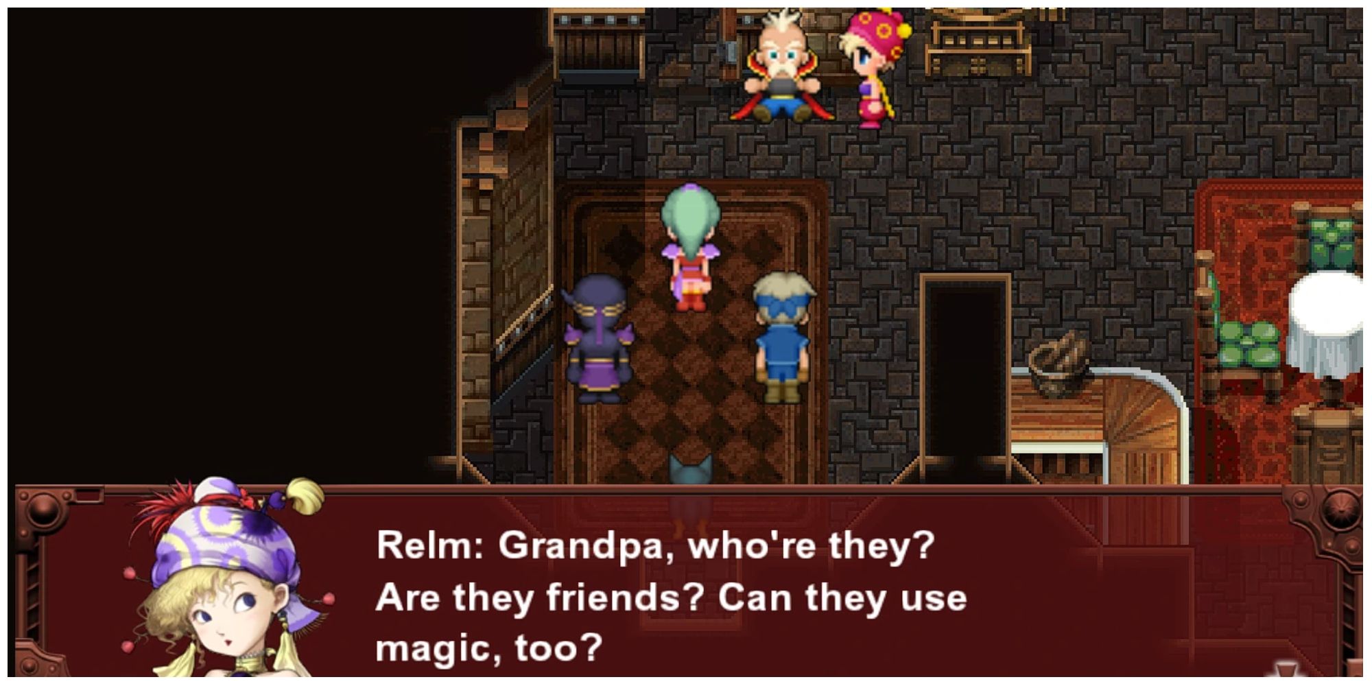 Relm meets Terra, Shadow, and Locke in Final Fantasy 6