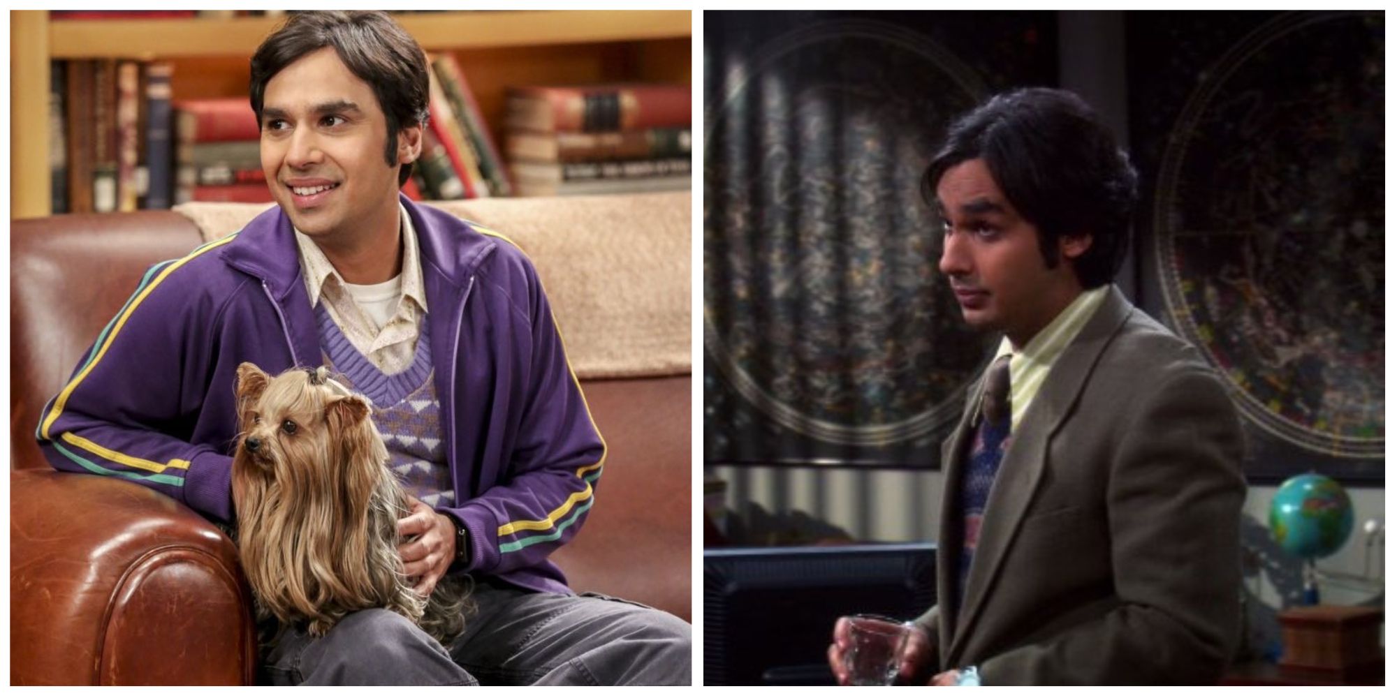 Left: Raj sat on the sofa with his dog on his lap. Right: Raj looking smug with someone offscreen.