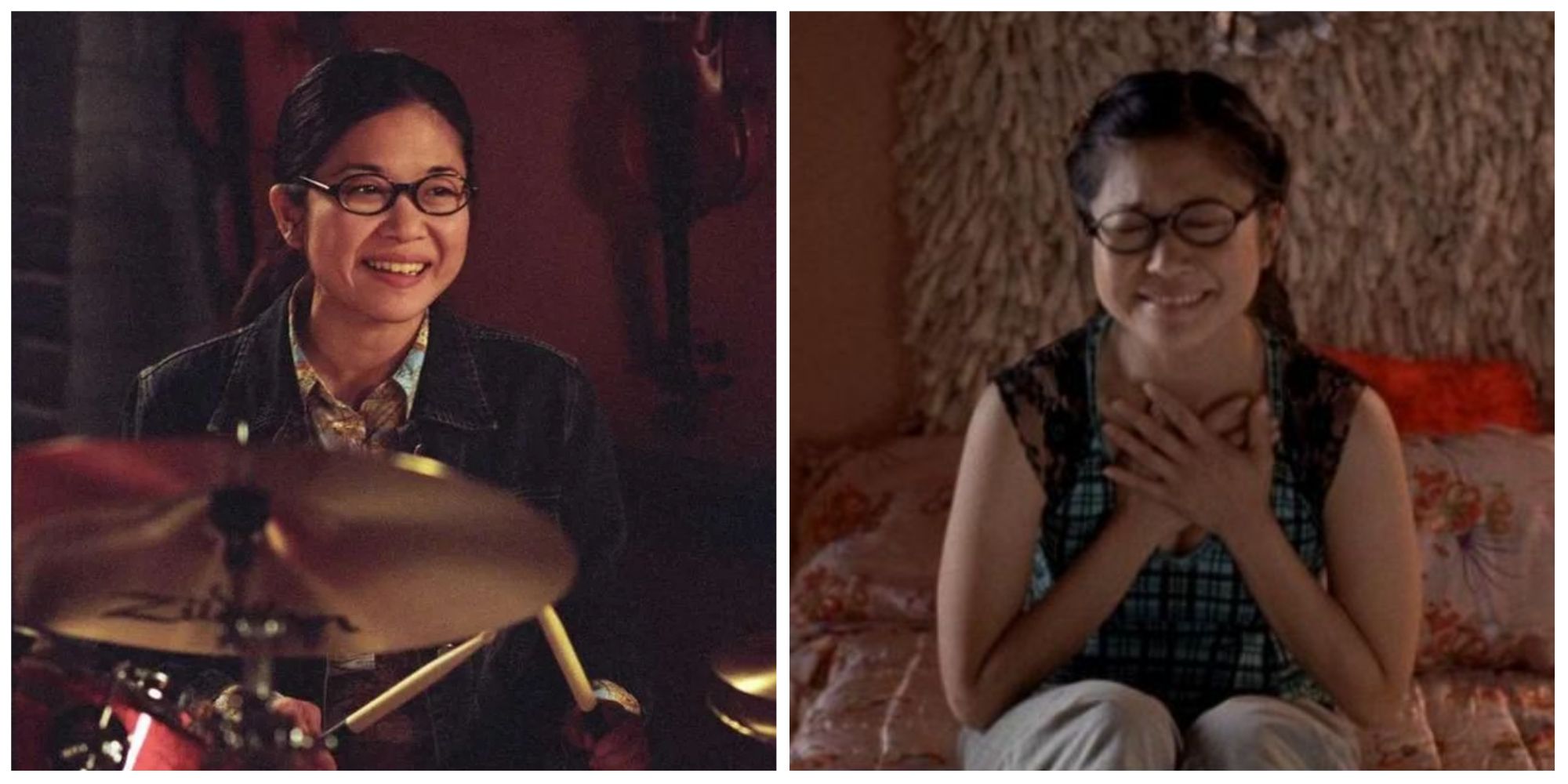 Left: Lane playing the drums and smiling. Right: Lane sat on her bed with her hands over her chest looking upset.