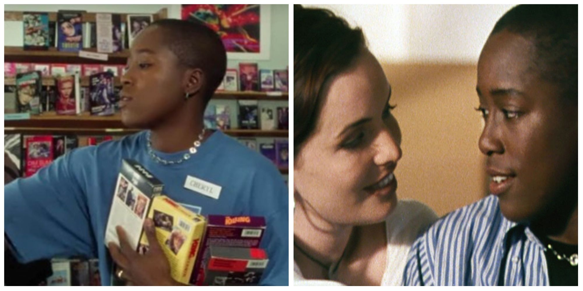 Left: Cheryl holding VHS tapes putting them back on the shelf in the video store. Right: Cheryl (right) with Diana as they smile at each other.