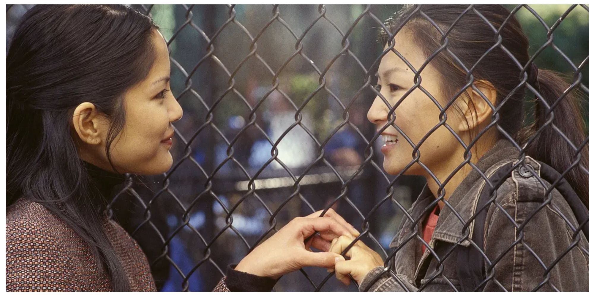 Wil and Vivian in Saving Face holding hands with a fence in between them. They are smiling at each other.