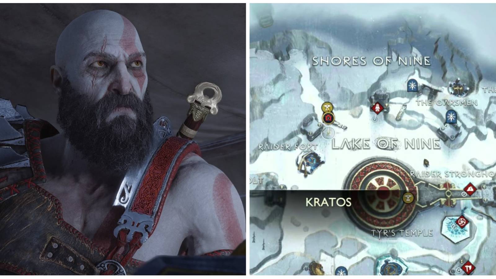 Kratos and the Lake of Nine map in God of War Ragnarok