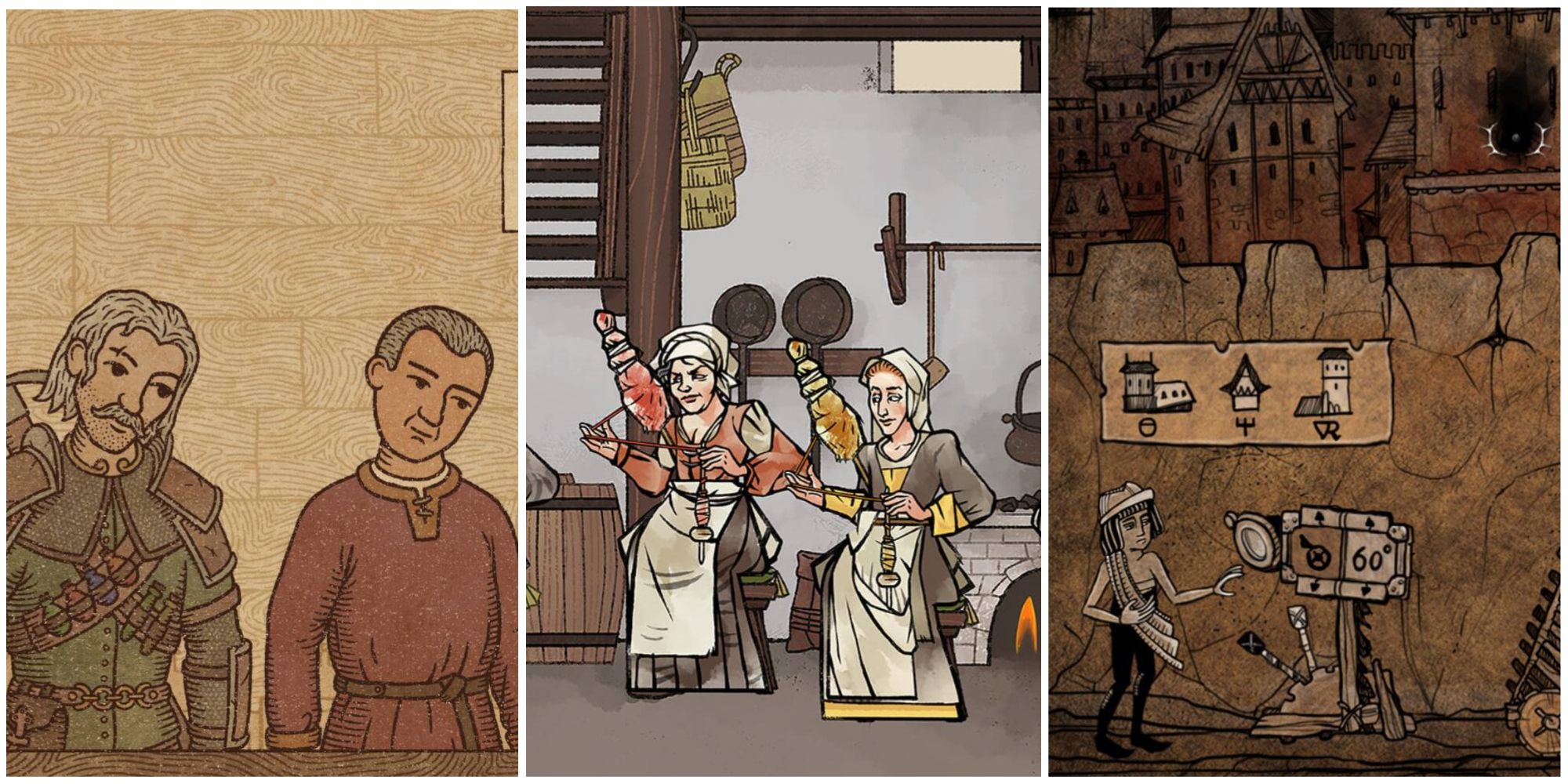 3 medieval games in one collage, including Potion Craft, Pentiment, and Apocalipsis