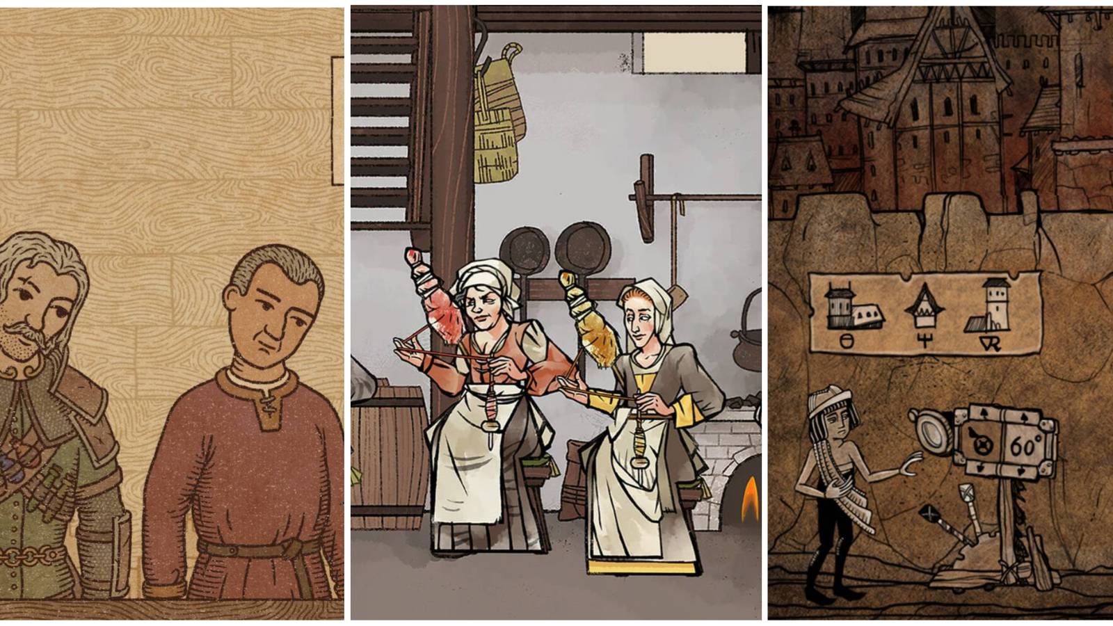 3 medieval games in one collage, including Potion Craft, Pentiment, and Apocalipsis