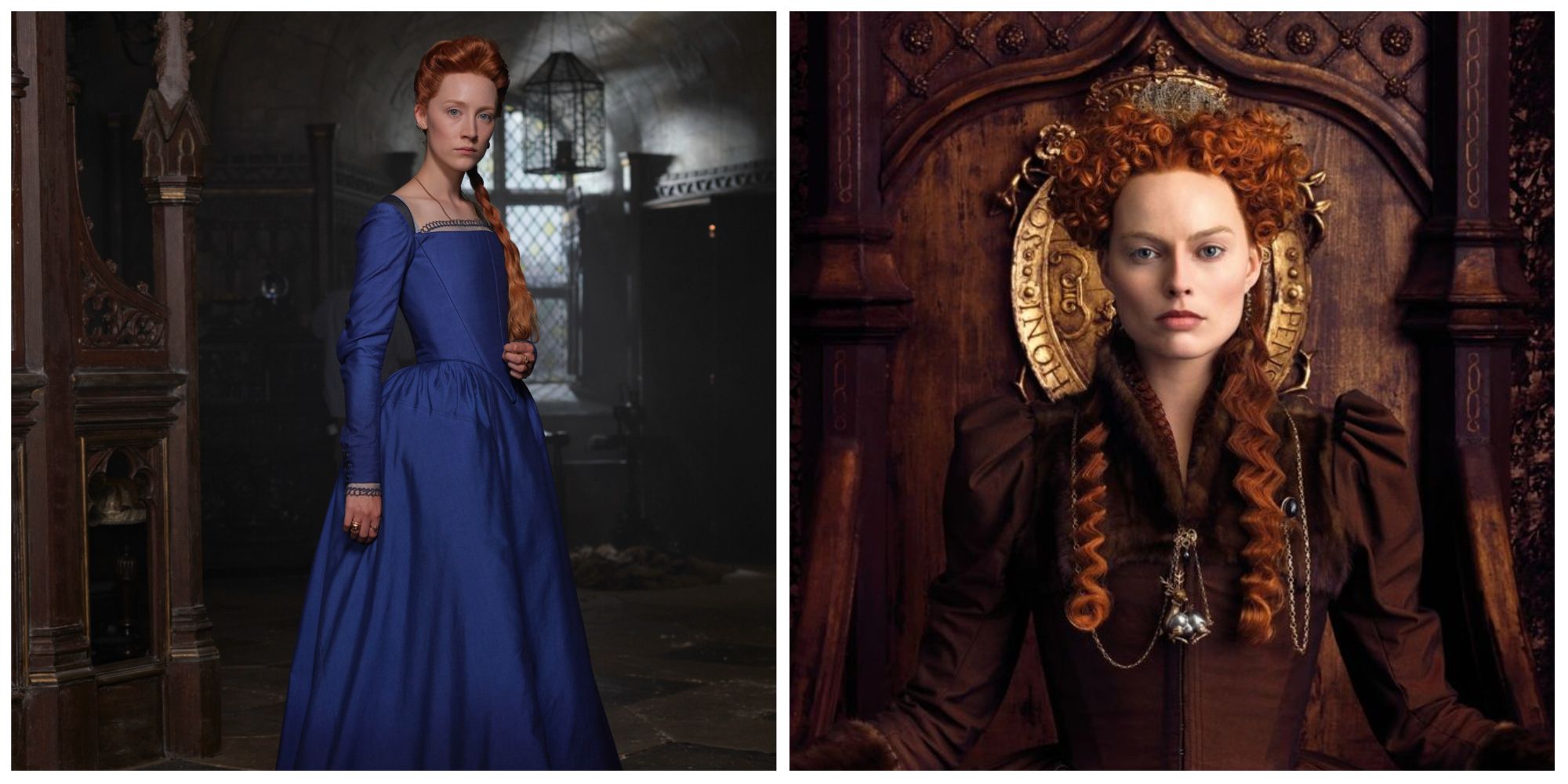 Left: Saoirse Ronan as Mary Queen of Scots. Right: Margot Robbie as Queen Elizabeth.