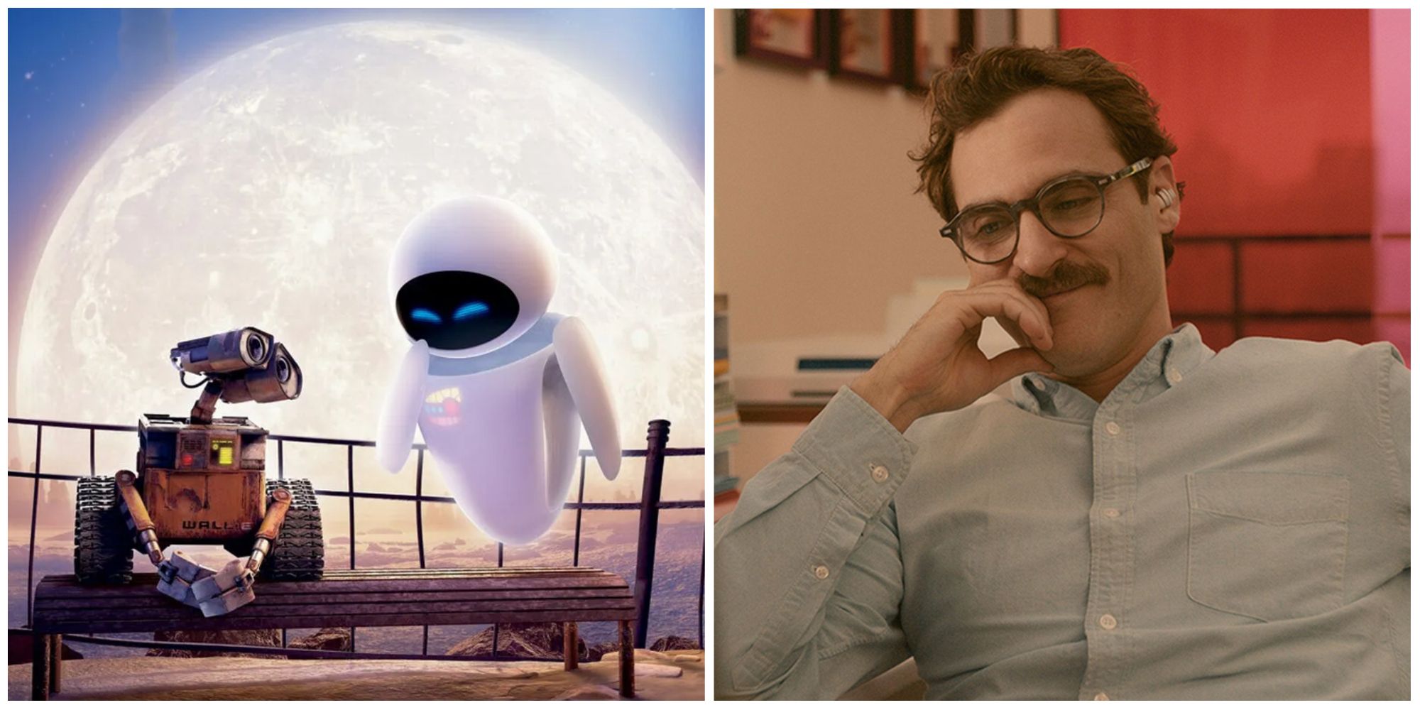 Wall-E and Eve in Wall-E and Joaquin Phoenix in Her