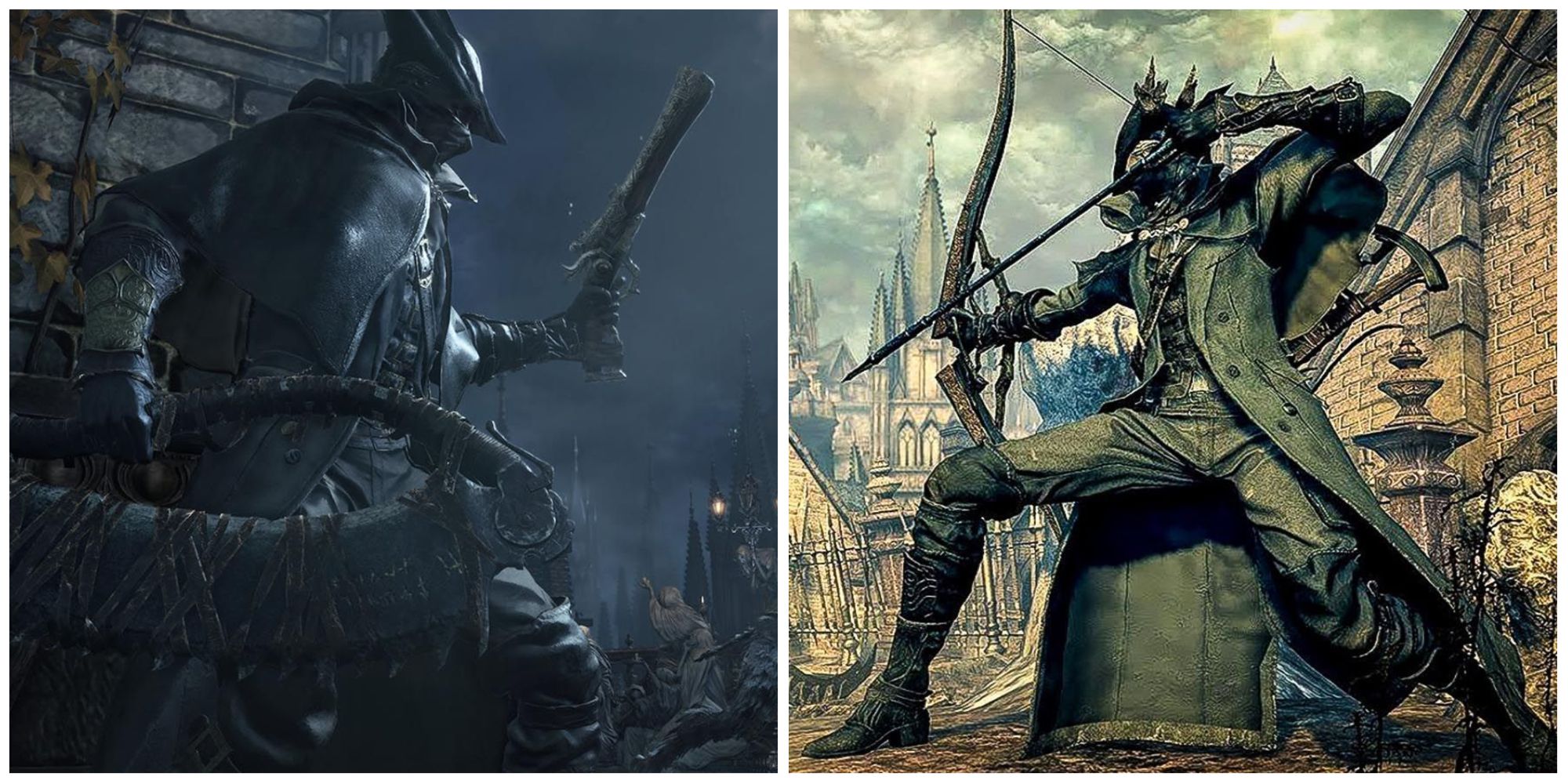A split image of the Hunter holding a gun (left) and aiming a bow (right) in Bloodborne 