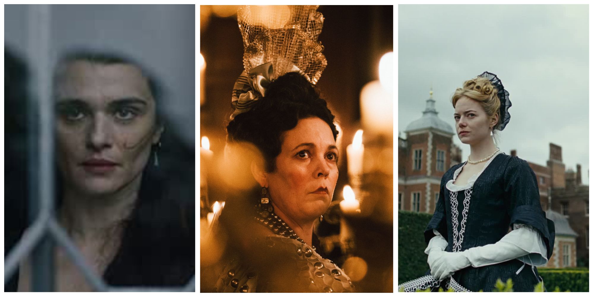 From left to right: Images of Rachel Weisz, Olivia Colman and Emma Stone in their respective roles in The Favourite.