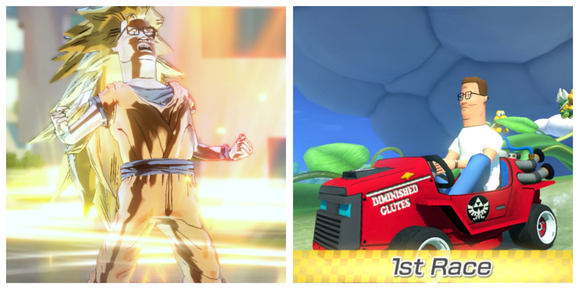 Left: Hank Hill as Super Saiyan 3. Right: Hank Hill in his lawn mower. Image sources: videogamemods.com and gamebanana.com.