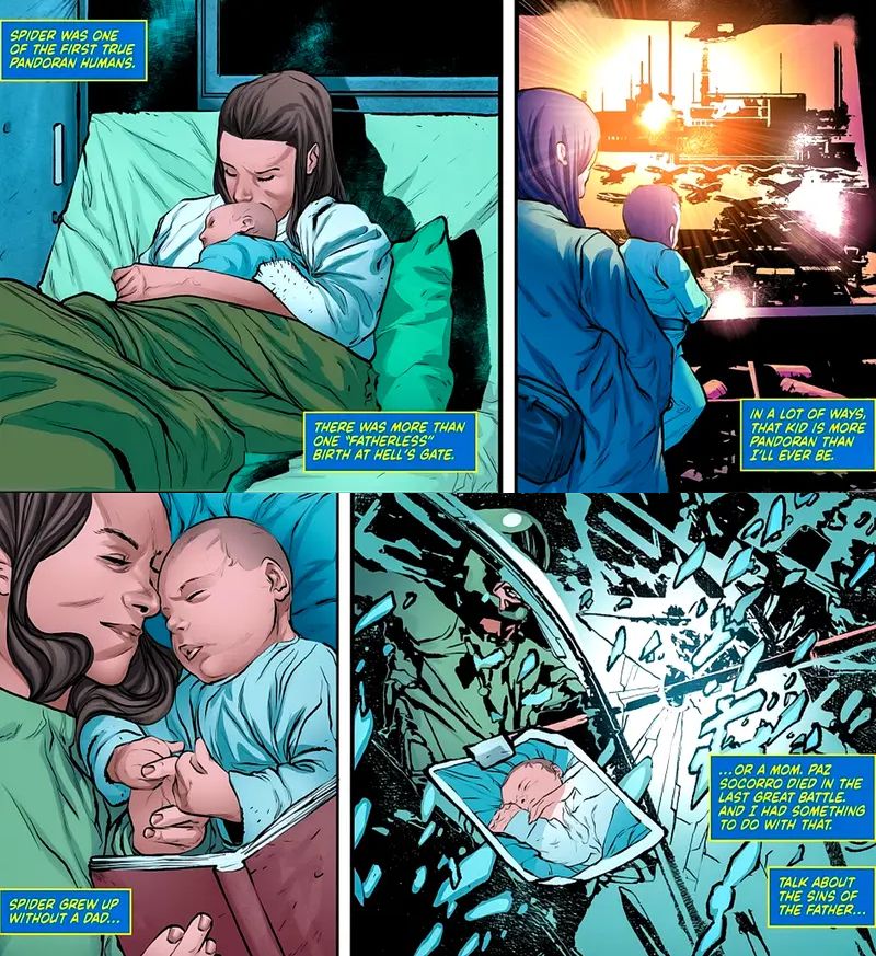 Avatar: The High Ground comic book Paz Socorro and Spider as a baby
