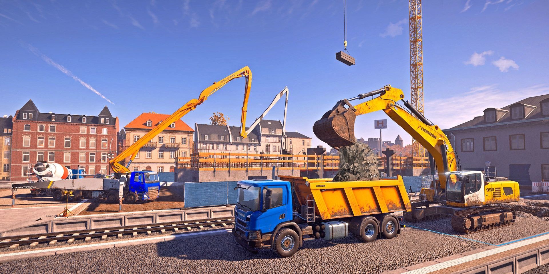 Muchos vehículos se utilizan activamente en un sitio de construcción en Construction Simulator