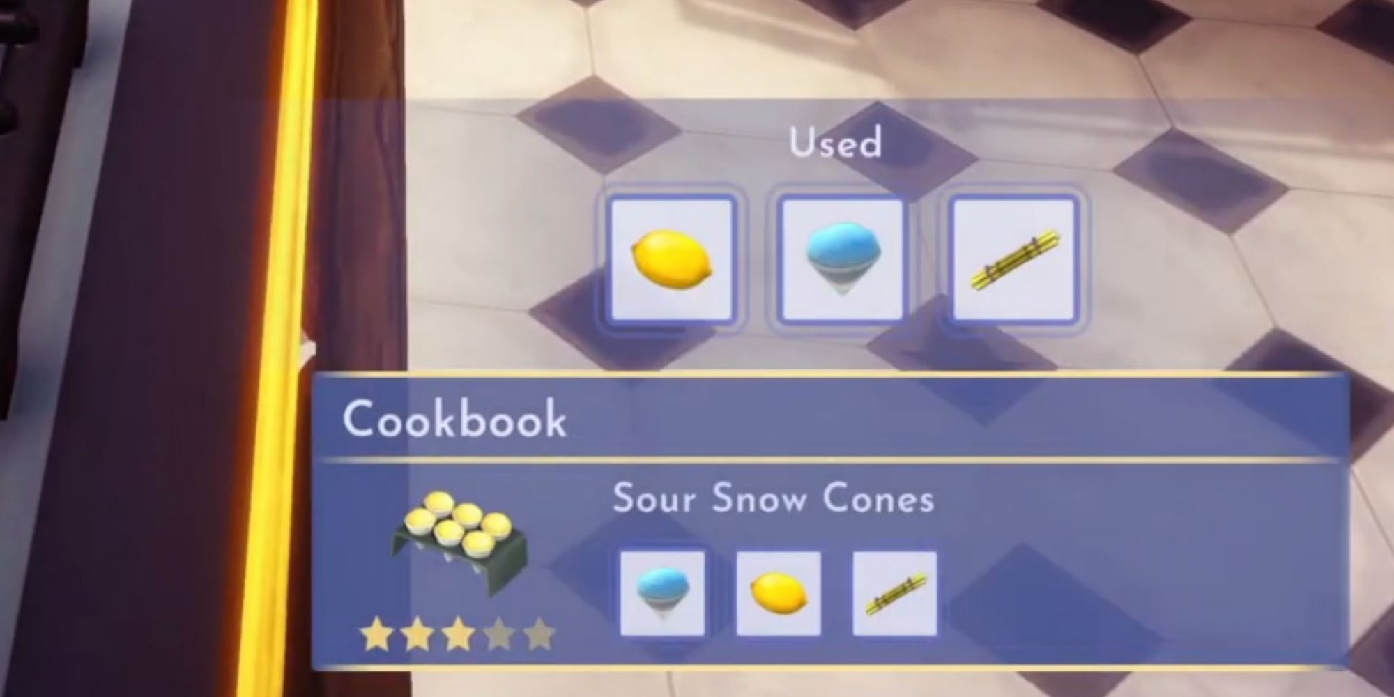 sour snow cone recipe in in-game cookbook