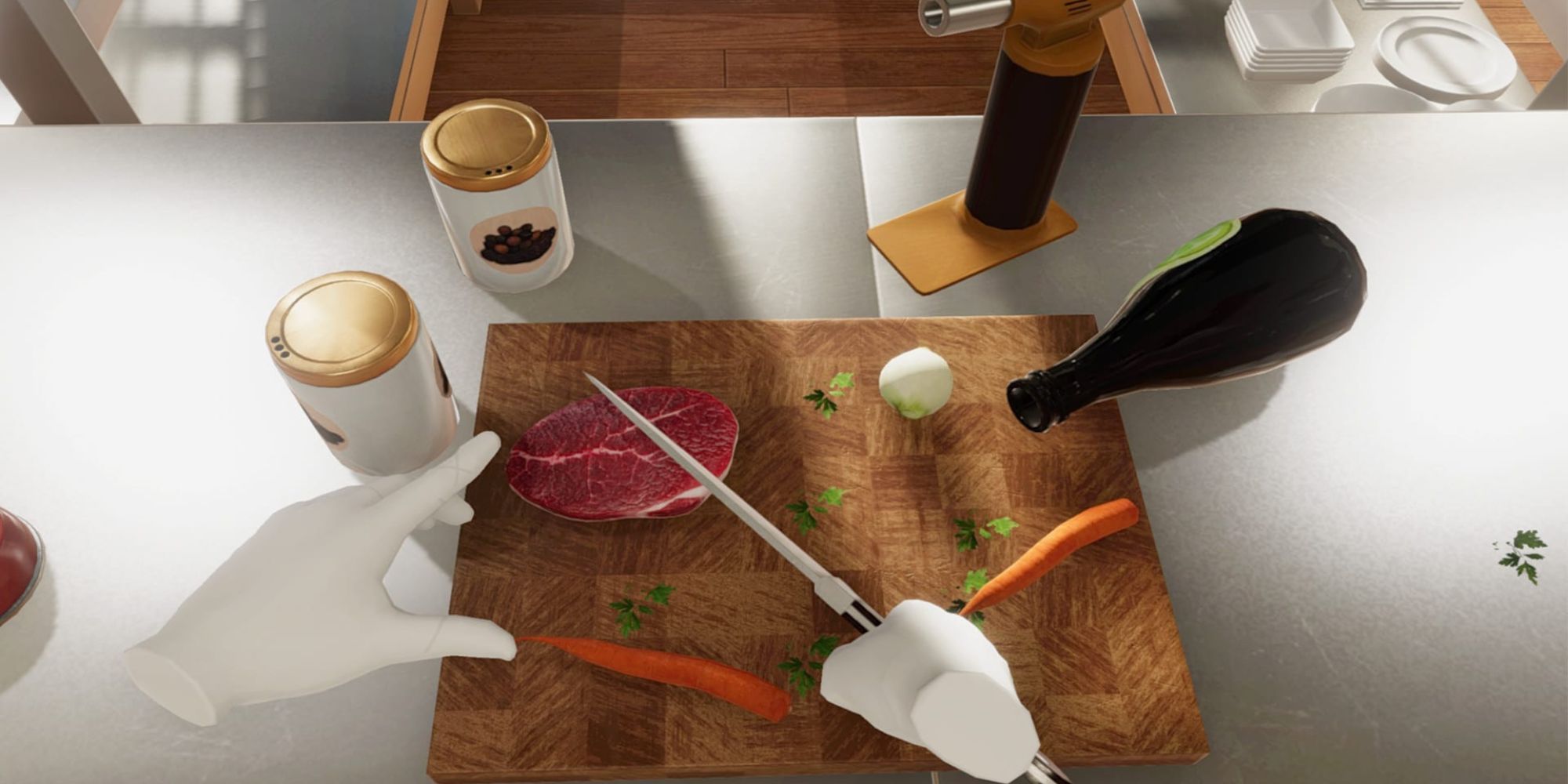 A player chopping meat and vegetables on a chopping board in Cooking Simulator VR