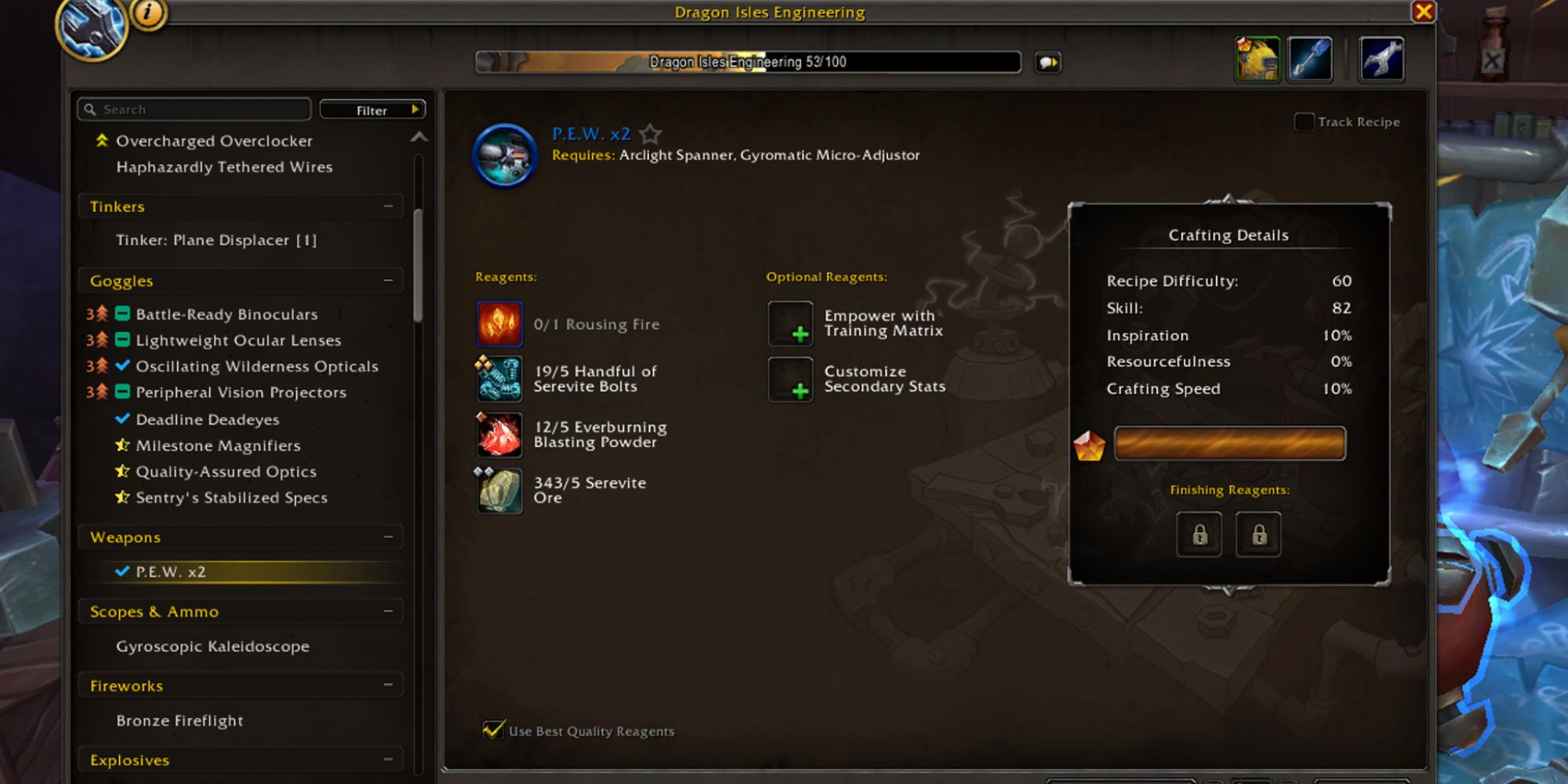 Crafting UI for Engineering in World of Warcraft Dragonflight