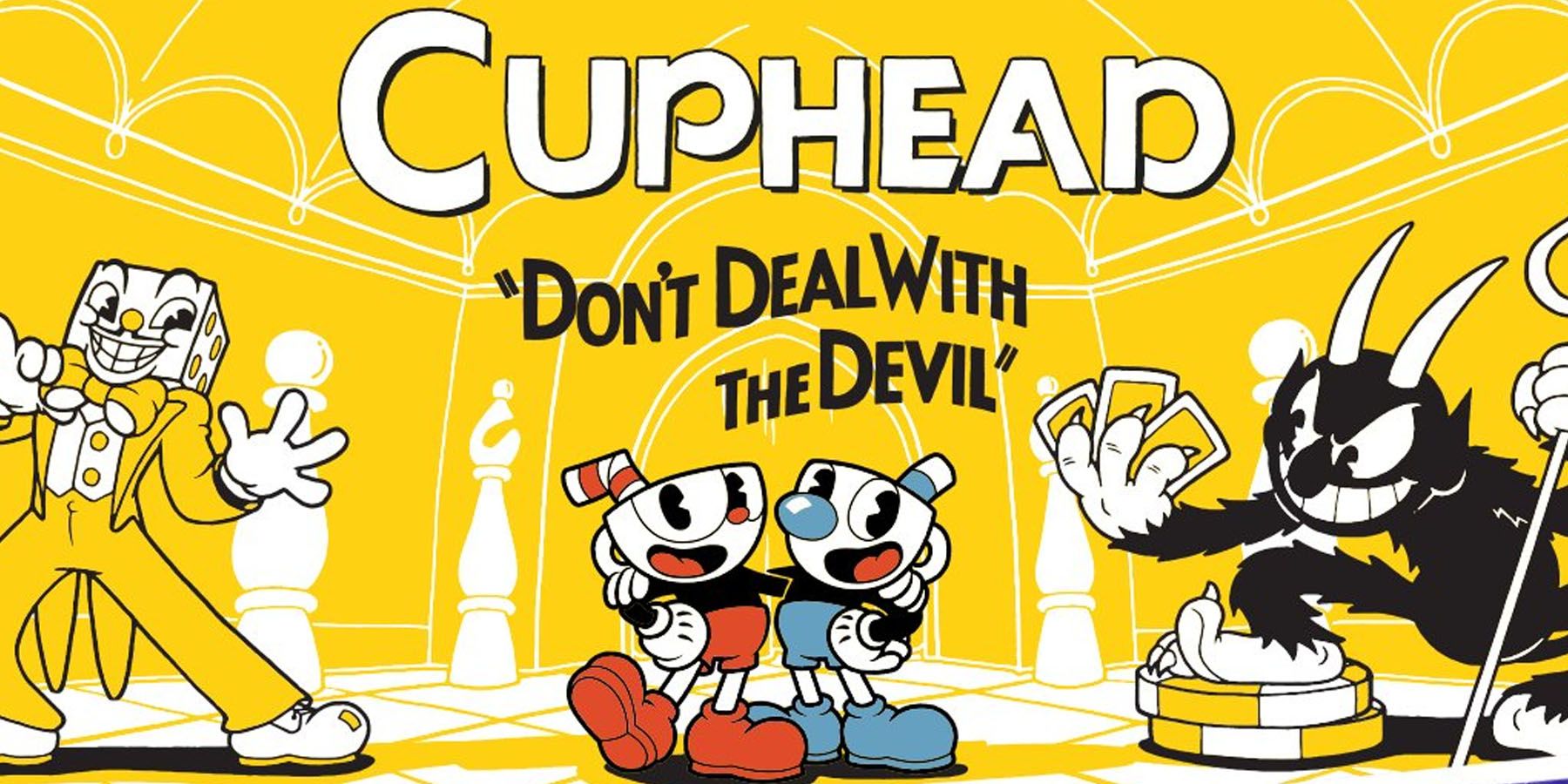 Cuphead and Mugman in front of King Dice and the Devil from Cuphead