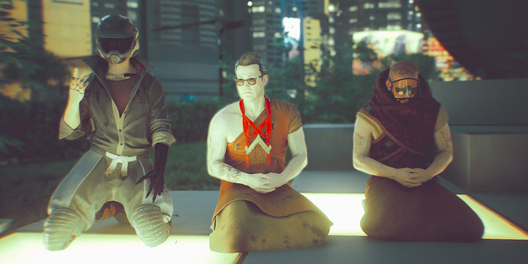 Image from Cyberpunk 2077 showing some NPCs kneeling down to meditate or pray.