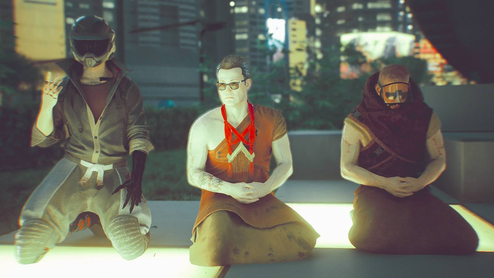 Image from Cyberpunk 2077 showing some NPCs kneeling down to meditate or pray.