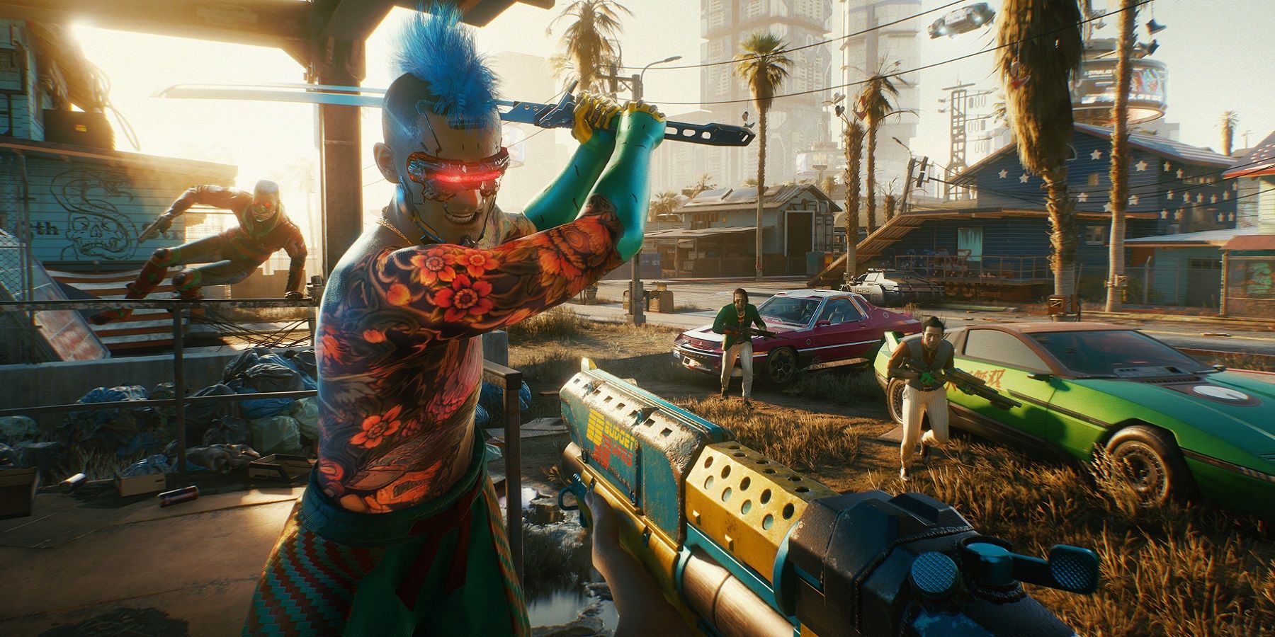 Image from Cyberpunk 2077 showing V about to be attacked by some street thugs.