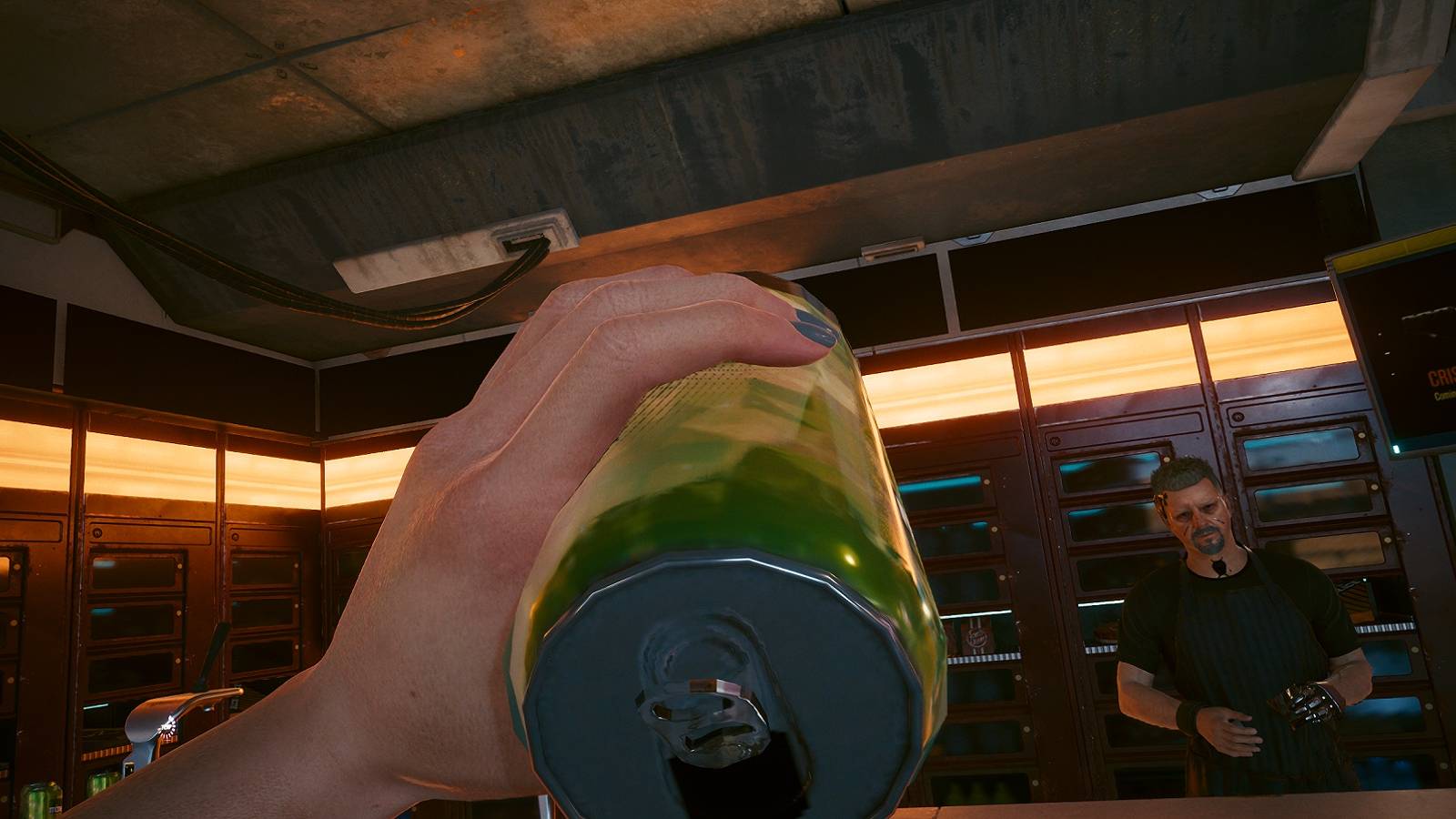 Image from Cyberpunk 2077 showing V necking a bottle of alcohol in a bar.