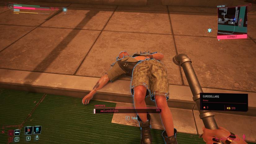 Screenshot from Cyberpunk 2077 showing the player looting a dead NPC.