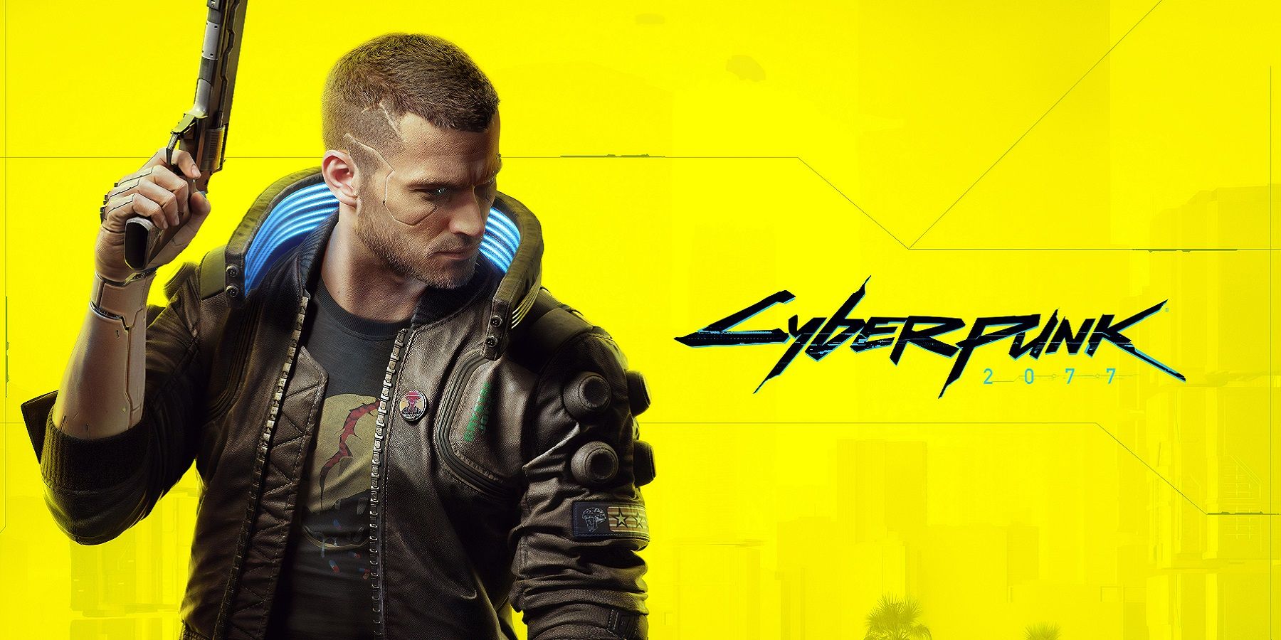 Le logo Cyberpunk 2077 à côté du protagoniste V, le tout sur un fond jaune vif.