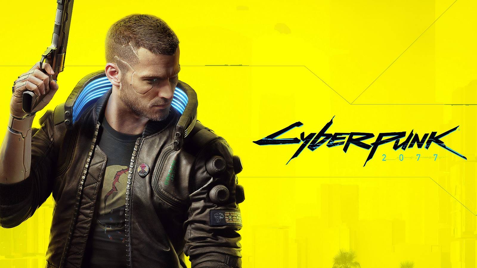 The Cyberpunk 2077 logo next to protagonist V, all on a bright yellow background.