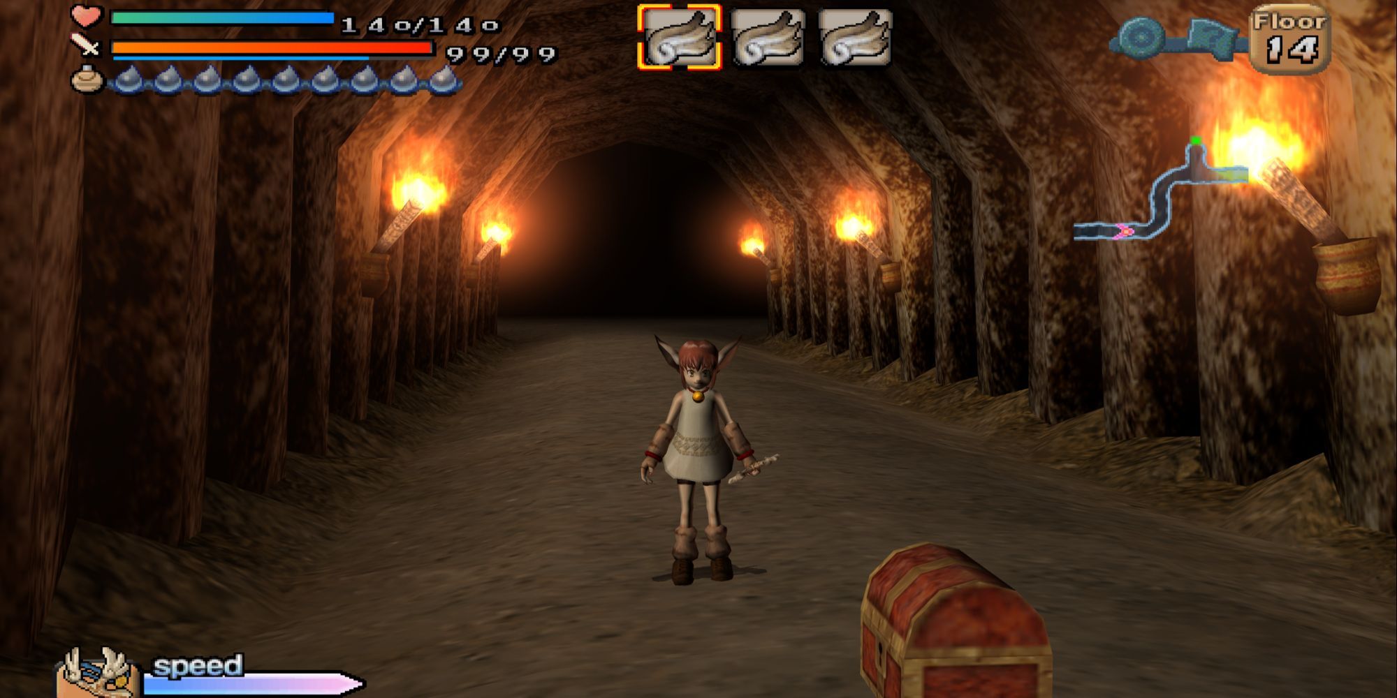 A player standing in a tunnel behind a chest in Dark Cloud