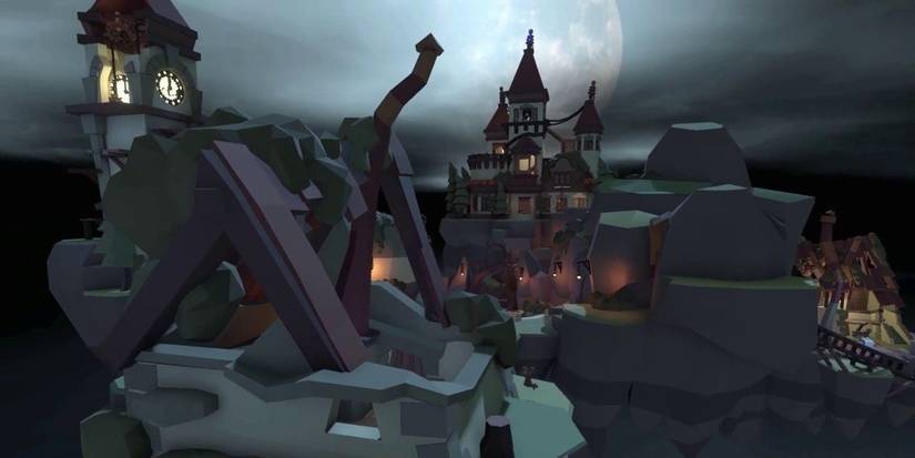 A castle and clock tower in the dark with a giant moon overlooking the landscape in Human Fall Flat
