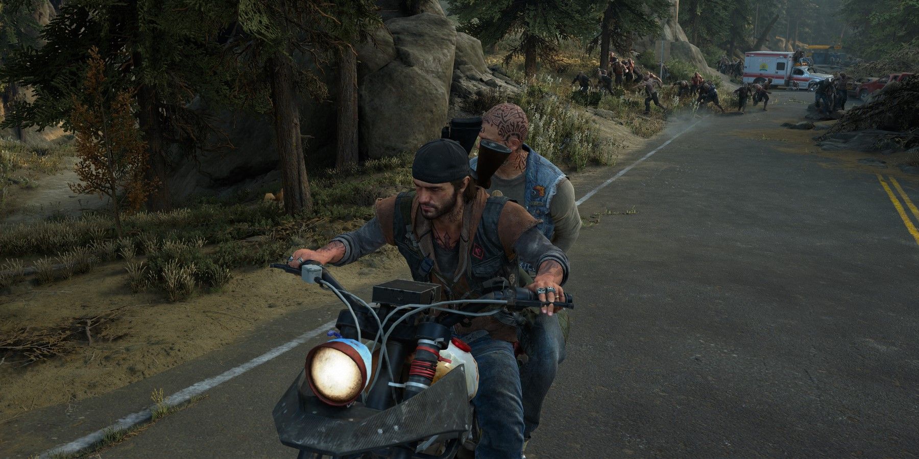Deacon and Boozer riding on a motorbike in Days Gone 