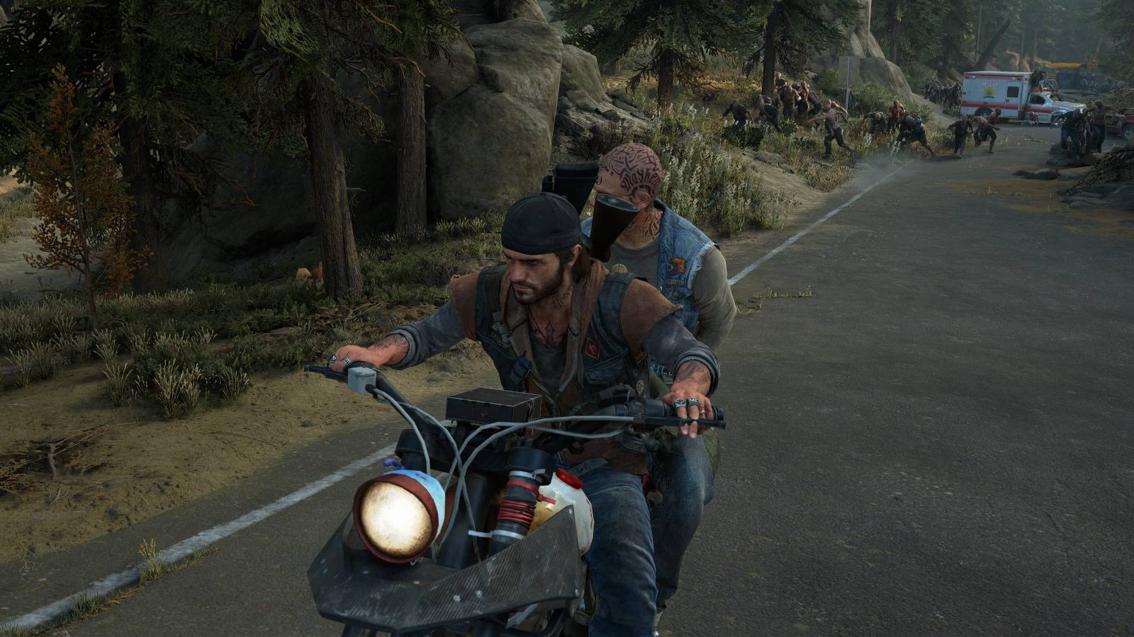 Deacon and Boozer riding on a motorbike in Days Gone 