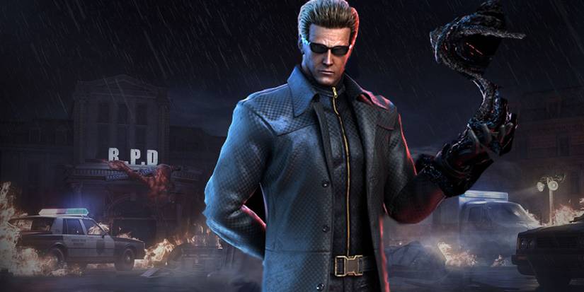 Wesker standing in front of the RPD, crashed cars and fire blocking most of the entrance, his left a hand a mutated mess of black tendrils.