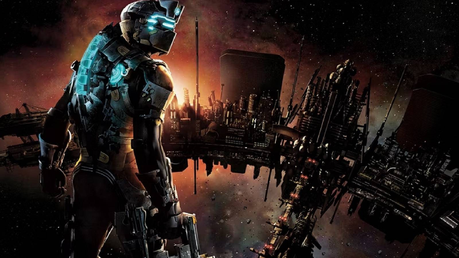 Image from Dead Space 2 showing Isaac Clarke in the foreground and the Sprawl in the background.