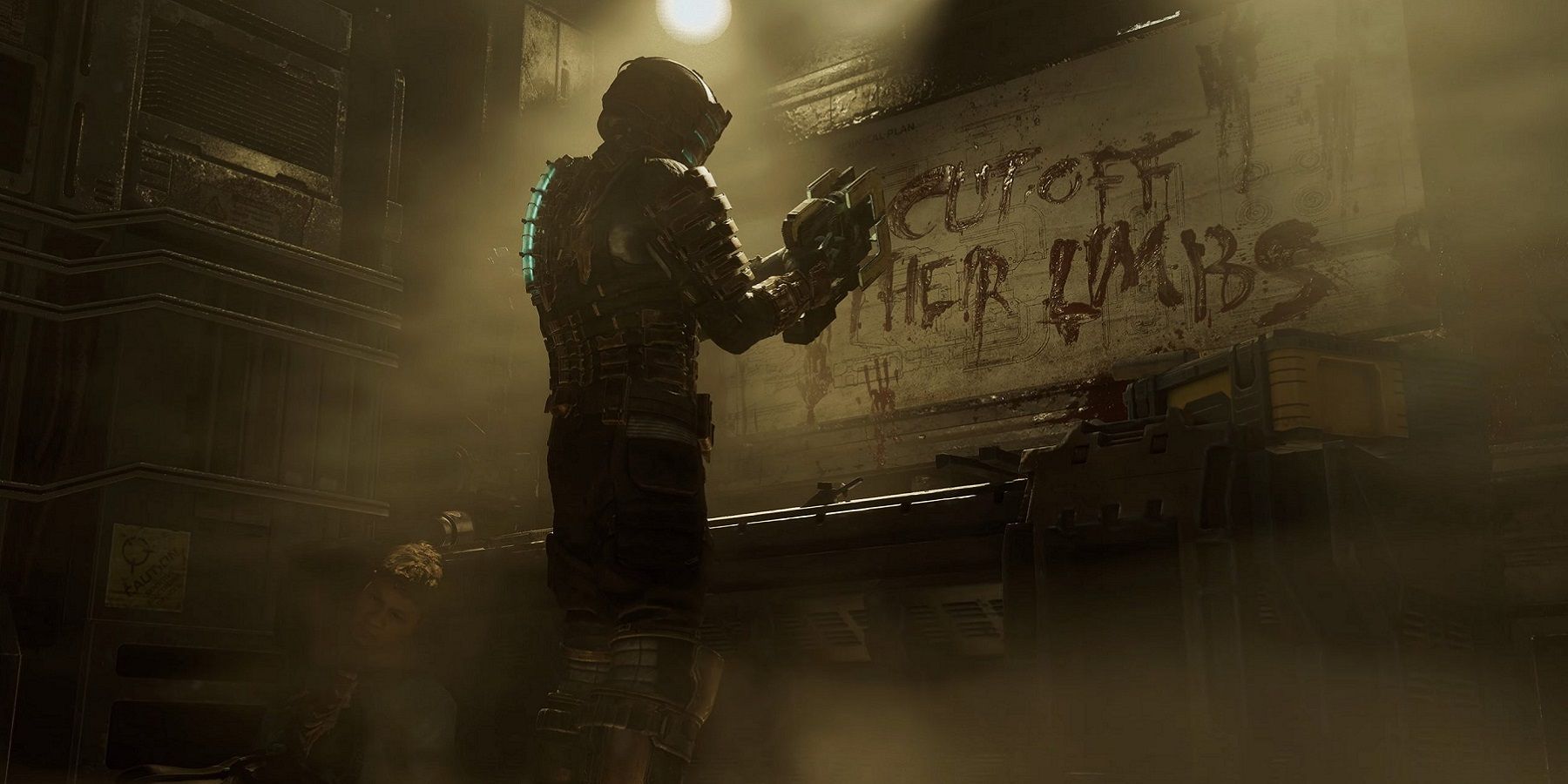 Hình ảnh từ bản làm lại của Dead Space cho thấy Isaac Clarke đứng trước một tấm biển đẫm máu có dòng chữ 