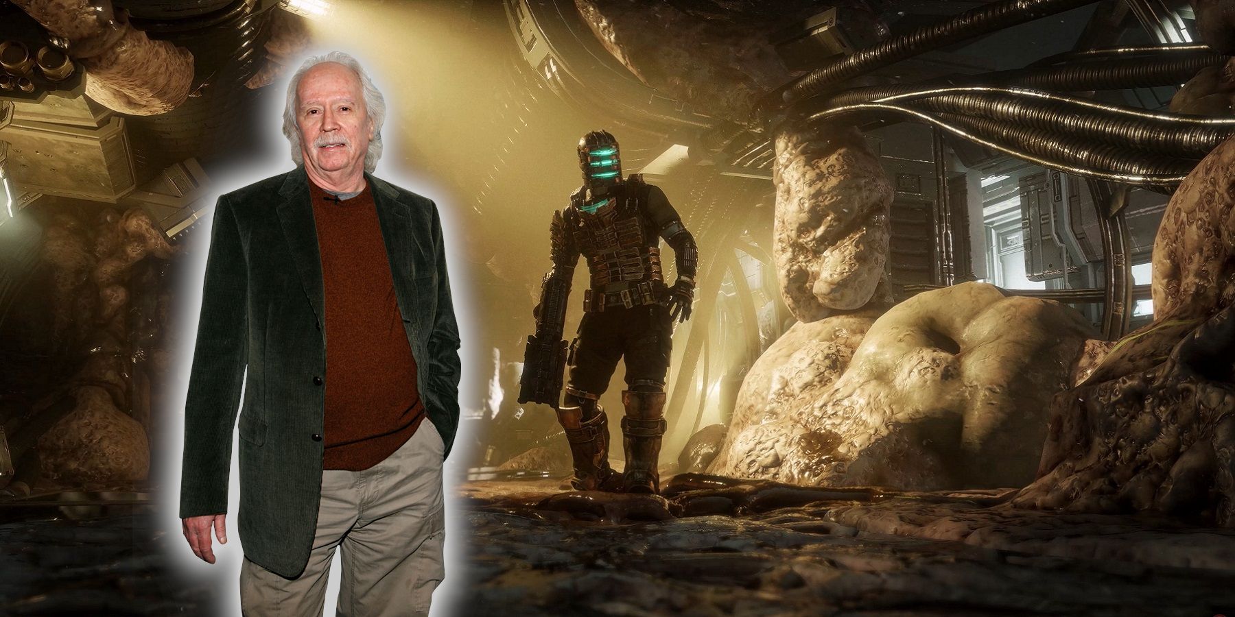 Image from the Dead Space remake showing Isaac Clarke wandering around the Ishimura with John Carpenter in the foreground.
