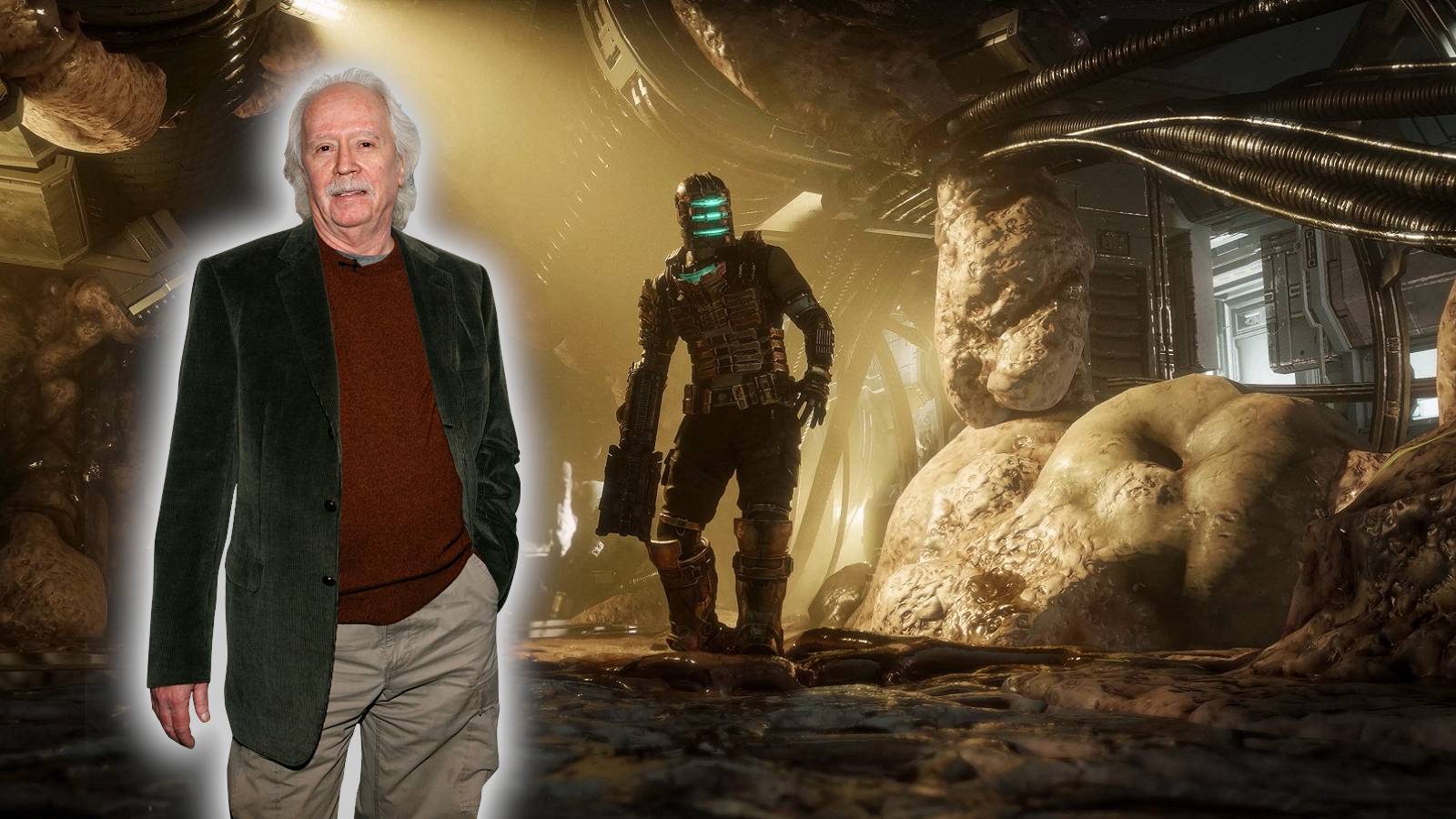 Image from the Dead Space remake showing Isaac Clarke wandering around the Ishimura with John Carpenter in the foreground.