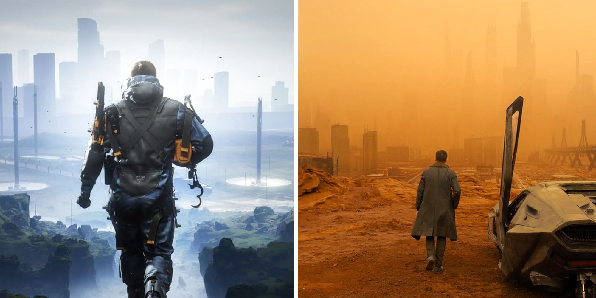 Death Stranding and Blade Runner walking away from camera