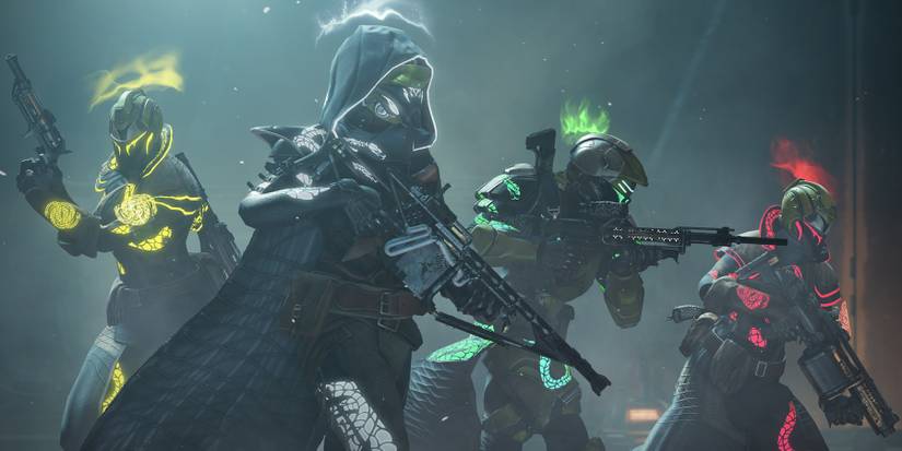A guardian fireteam exploring together in Destiny 2