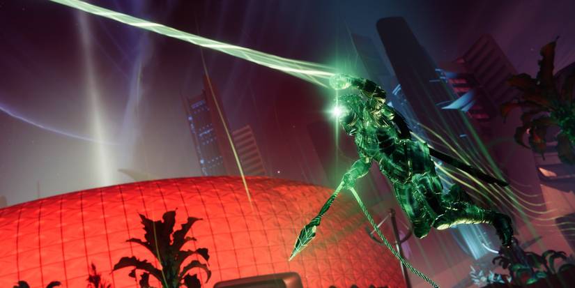 A Strand Hunter using the grappling hook mechanic to fly through the air