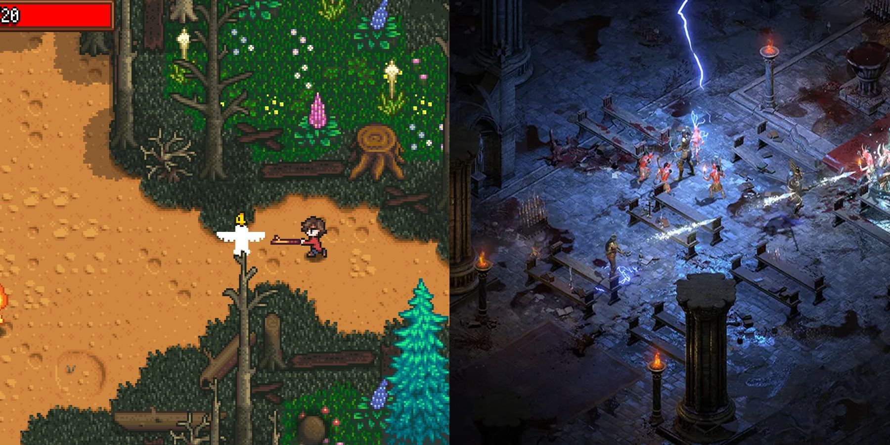 One image showing Diablo 2 combat and the other image showing combat in Haunted Chocolatier
