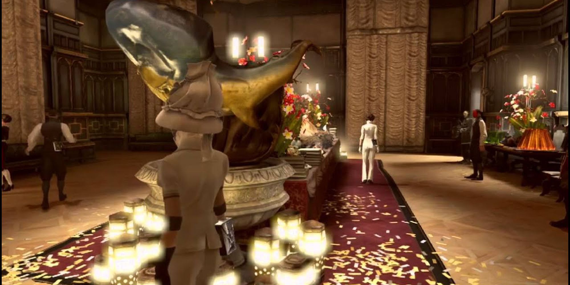 A scene from the Boyle's masquerade featuring guests and decor.