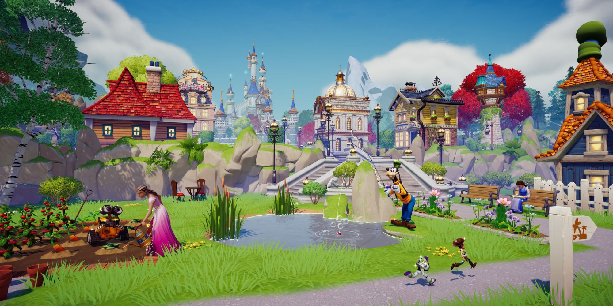 The player watering crops while Goofy fishes and Bella reads in Disney Dreamlight Valley