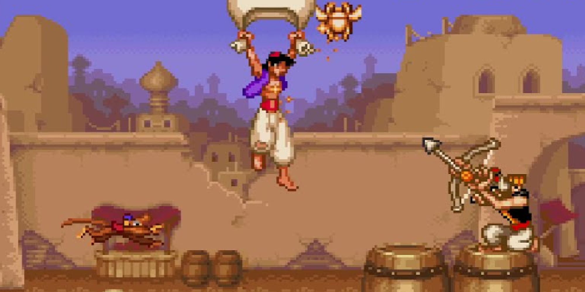 Aladdin parachuting near an archer in Disney's Aladdin for SNES
